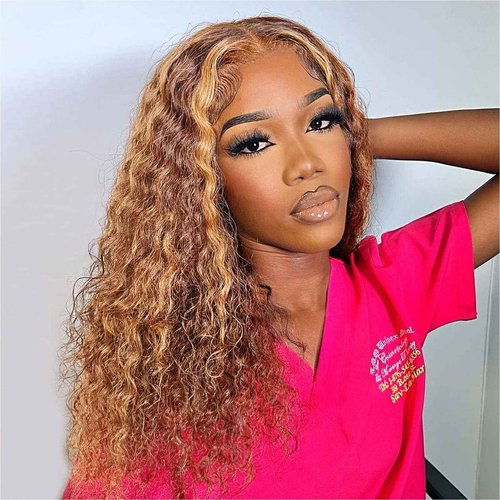 HIRIREMY Curly Bob Wig Human Hair Deep Wave 13x4 HD Lace Front Wigs For Black Women Human Hair Pre Plucked Wear And Go Glueless Short Wet And Wavy Ombre Honey Blonde Highlight Color 4/27 16 Inch
