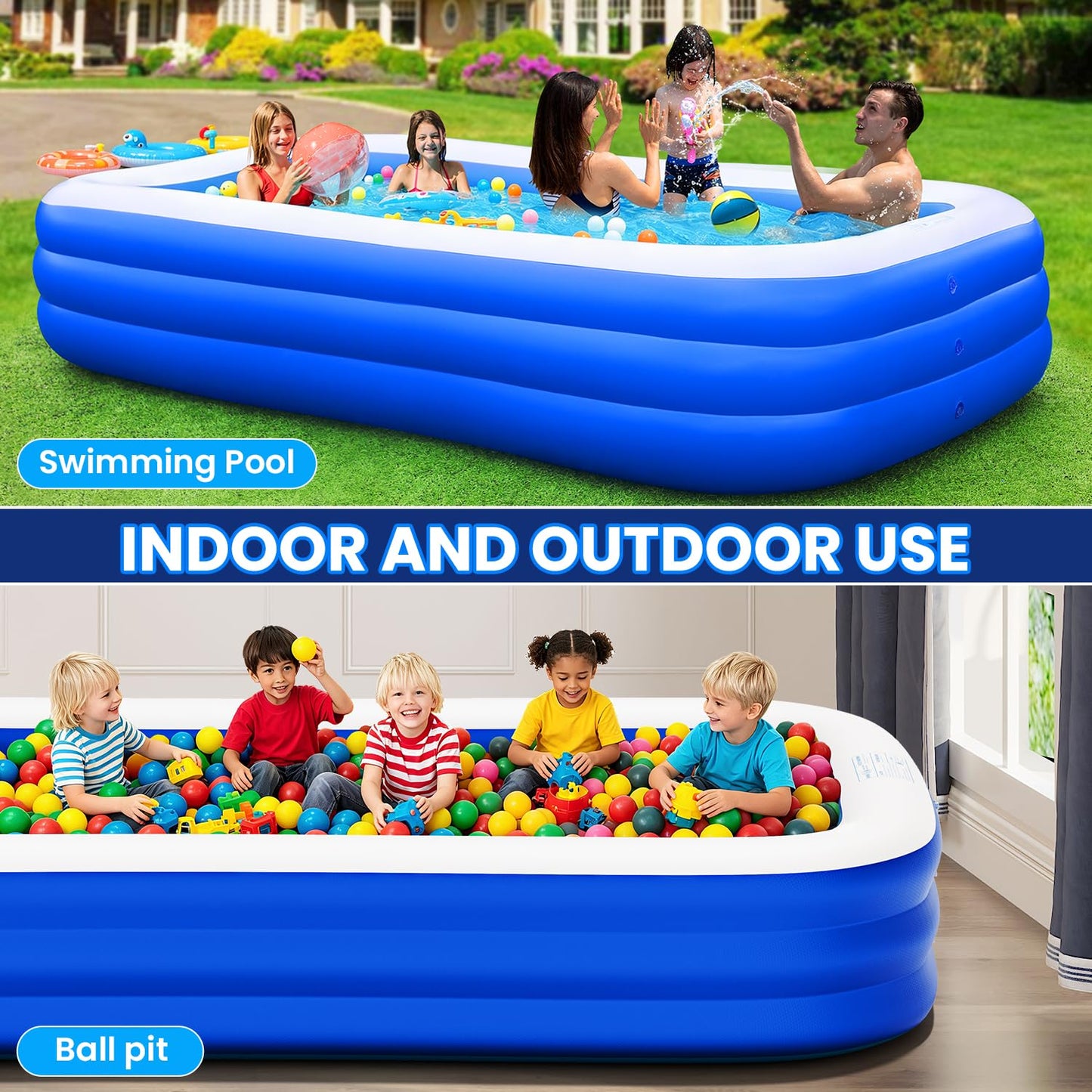 Oversized Inflatable Pool for Adults, 145" x 74" x 22" Extra Large Blow Up Family Swimming Pool, Durable Thickened Above Ground Pool for Backyard, Outdoor, Garden, Summer Water Party