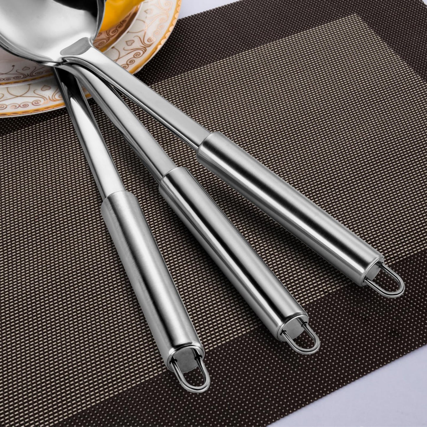 Pleafind Serving Utensils Set for Parties,3-Piece Silver Stainless Steel utensils set,Includes 1 Serving Spoon, 1 Slotted Spoon and 1 Soup Ladle,Serving Spoons for Buffet