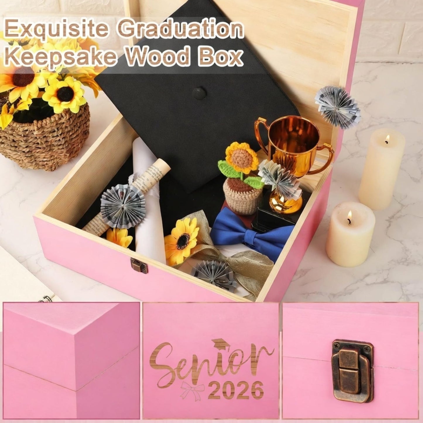Leinuosen Large Graduation Keepsake Box 13'' Senior 2026 Graduation Cap Gown Box Class of 2026 Graduate Wooden Engraving Case for College High School(Pink,Senior 2026 Bow)