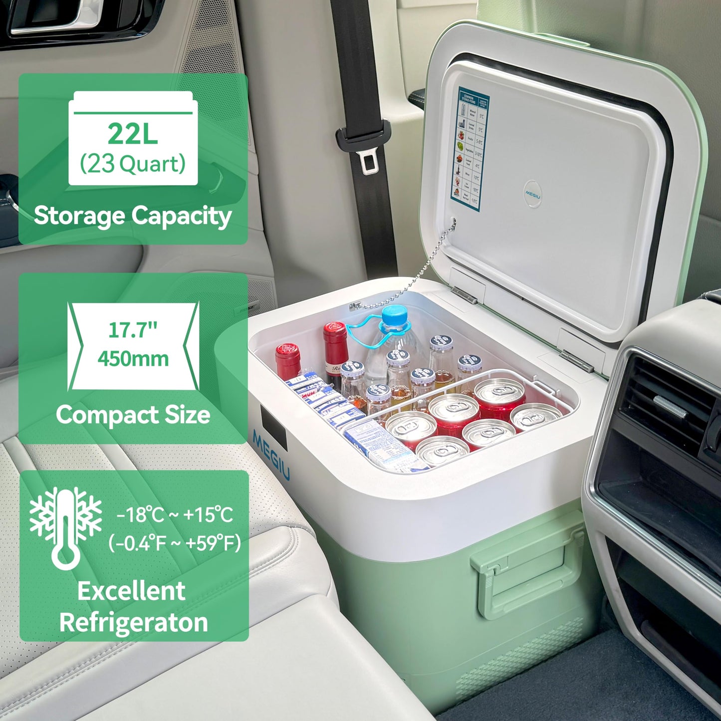Megiu Car Fridge Portable 12 Volt Refrigerator 23 Quart (22 Liter) Freezer Compressor Cooler 12V/24V DC 110～240 V AC for Outdoor, Camping, Travel, Home Use -18℃~+15℃ (Green)