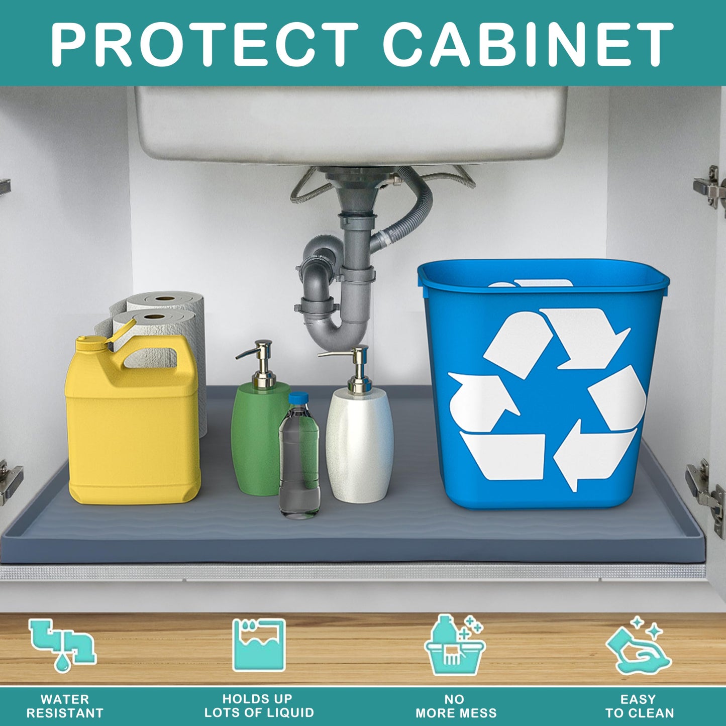 URMONA Waterproof Silicone Under Sink Mat 31'' x 22'' Shelf Liner for Kitchen and Bathroom, Cabinet and Counter Protector, Storage and Organizers, Litter Mat, Pet Cat Puppy Essentials(Dark Grey)