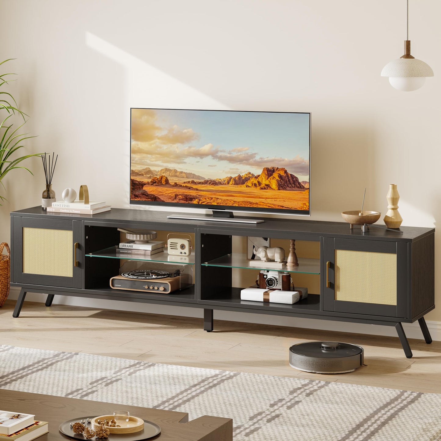 Bestier 80 Inch Black Rattan TV Stand with Storage for 85 Inch TV, 4-in-1 Mid Century Modern Entertainment Center with LED Lights, Doors and Adjustable Glass Shelves for Living Room