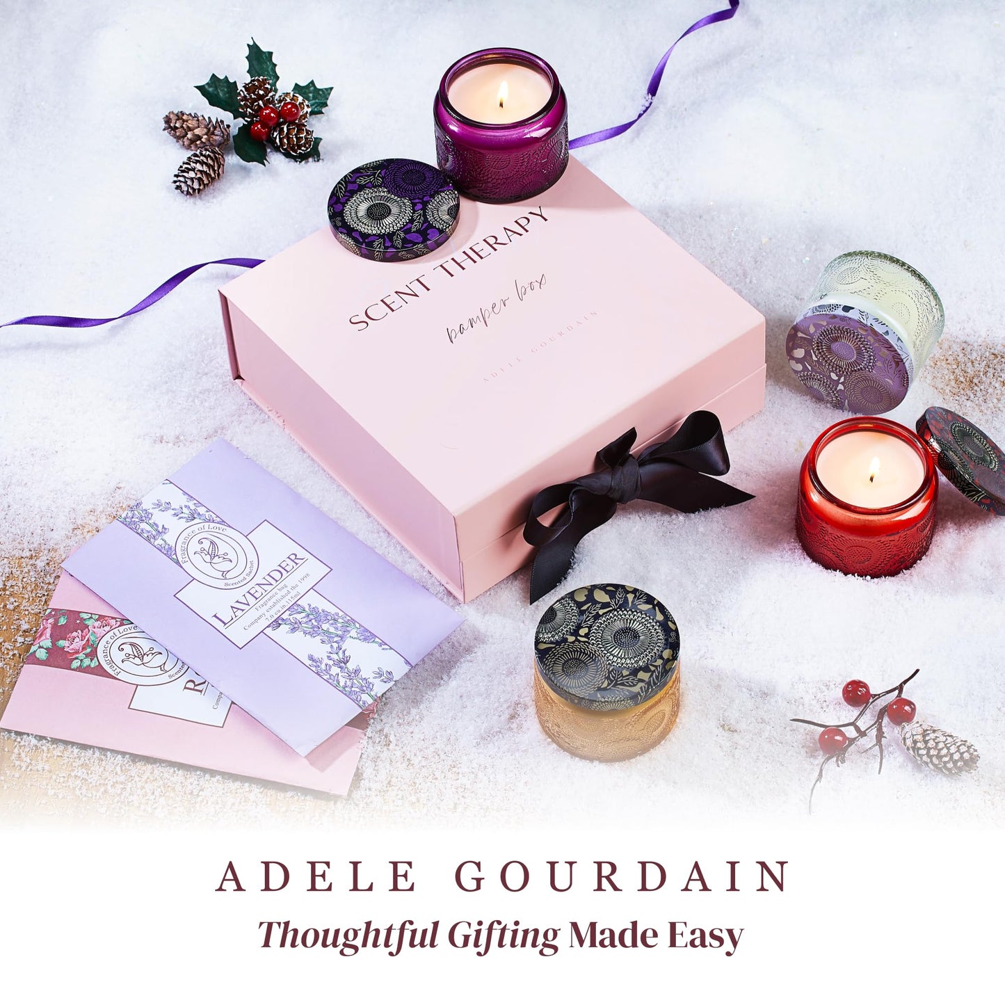 ADELEGOURDAIN Aromatherapy Scented Gift Set - 4 Soy Wax Candles & 2 Fragrance Sachets - Calming Jasmine, Bergamot, Berry & Breeze Scents in Glass Jars - Home, Bath & Relaxation Presents for Women