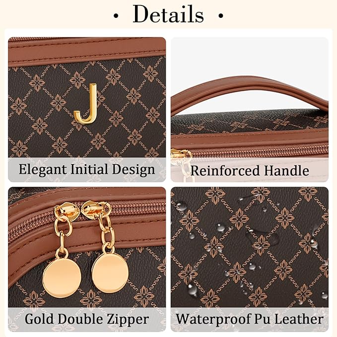 Birthday Gifts for Women Teen Girl, Personalized Initial Makeup Organizer Bag Set, Open Flat Travel Cosmetic Bag With Clear Divider and Handle(Coffee,J)