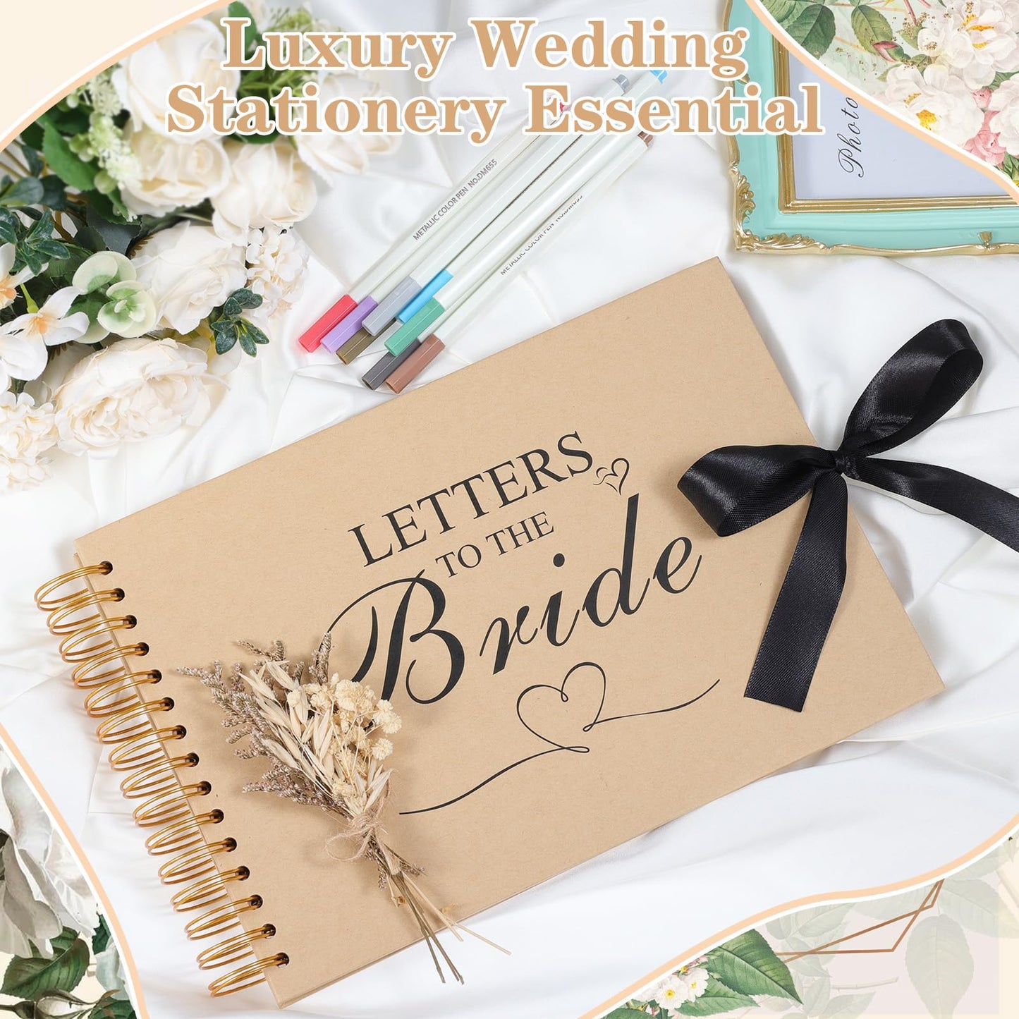12.6 x 8.3 Inch Letters to The Bride Scrapbook Wedding Memory Book Photo Album Kit with Pens Tapes Flower and Stickers 40 Pages Bridal DIY Blank Paper Scrapbook Hardcover for Lover Friend Kid Wedding