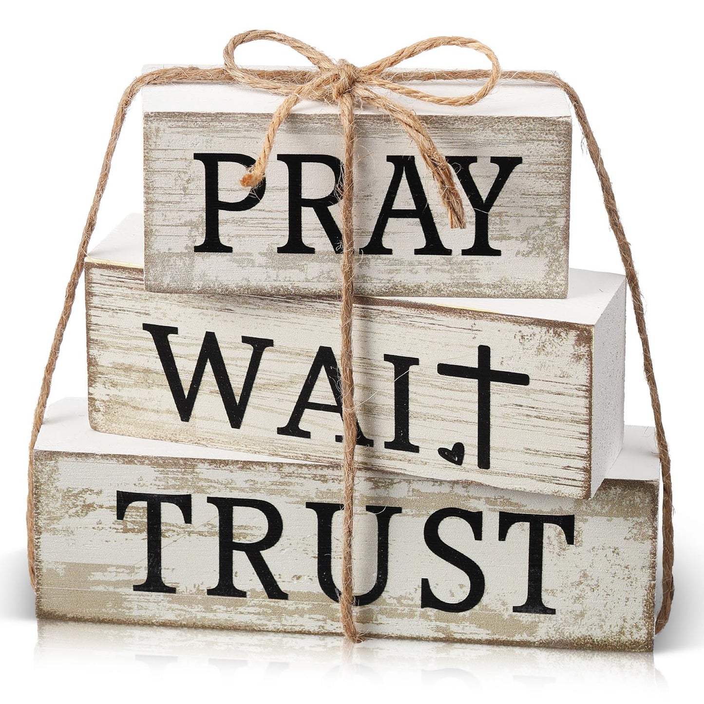 CroBlissful 4 Pcs Farmhouse Table Decor Christian Religious Gifts Bible Verse Decorative Sign Mother's Day Inspirational Pray Wait Trust Gifts Table Centerpiece for Home Kitchen Shelf Mantle