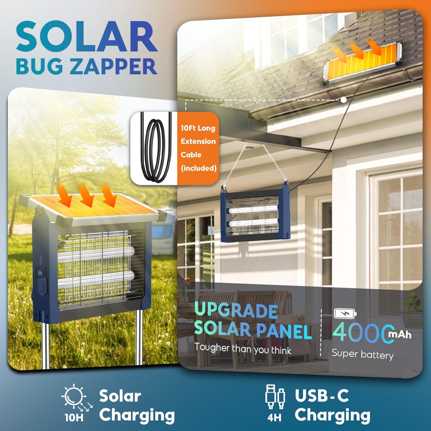 Solar Bug Zapper Outdoor, PhatroyYee Mosquito Zapper 4500V, Waterproof Portable Fly Zapper, Rechargeable Electric Mosquito Killer, Cordless Fly Insect Mosquitos Trap for Patio Yard Camping BBQ(Blue)