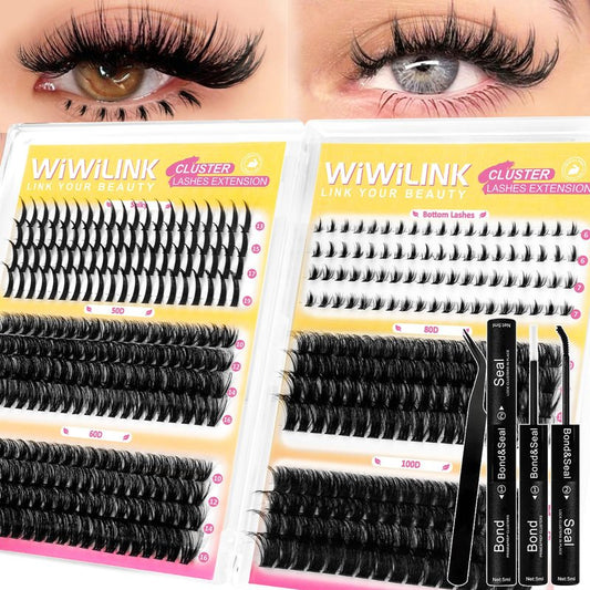 WiWiLINK Fluffy Lash Clusters Kit Wispy 452Pcs Eyelash Clusters with Spikes 50D 60D 80D 100D Manga Cluster Eyelash Extensions Kit Volume Lash Extension 10-16mm False Eyelashes Kit