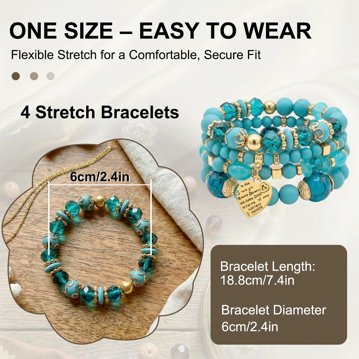 Ysenchan Bohemian Bracelet Set for Women, 4 Pcs Beaded Stackable Bracelets with Heart Charm, Stretch Bracelets, Boho Jewelry Gift – [LakeBlue]