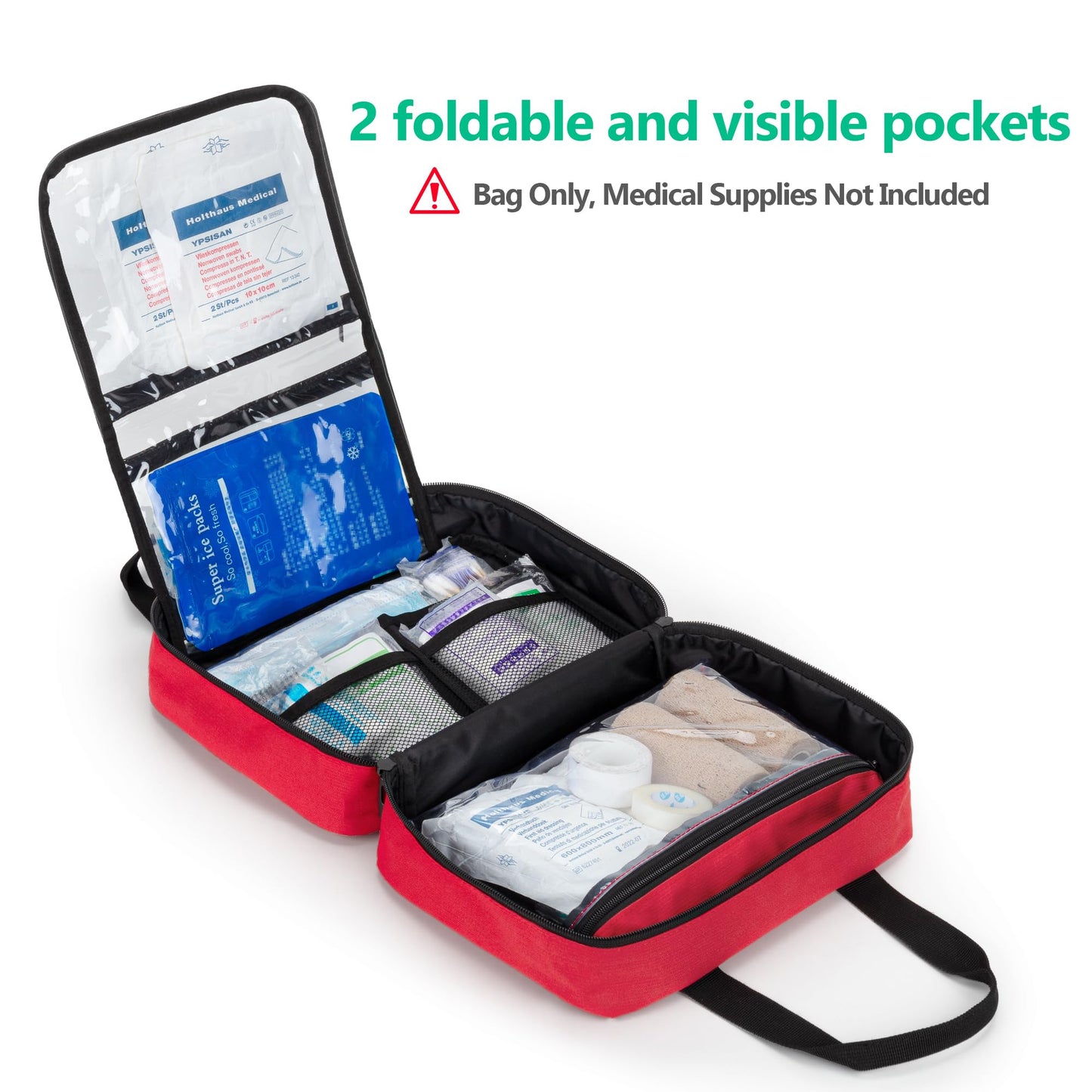CURMIO Small First Aid Bag, Empty Emergency Trauma Kit Organizer Bag for Hiking, Camping, Car, Travel, Home and Outdoor, Red, BAG ONLY, Patent Pending