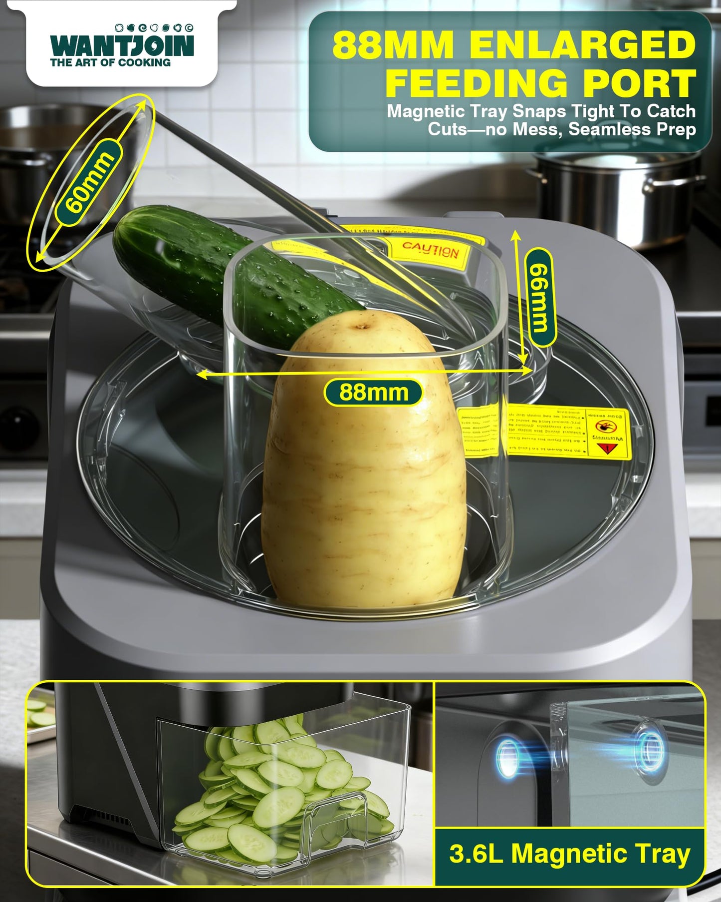 WantJoin 6 in 1 Electric Vegetable Chopper - Multifunctional Commercial Food Processor w/Magnetized Tray, Stainless Steel Blades for Slicing,Dicing,Chopping,Shredding,Wave Cutting,Diagonal Cutting