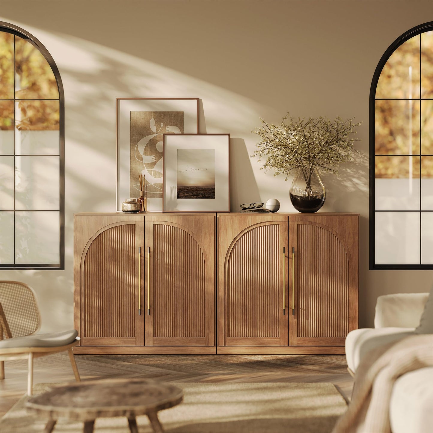 BELLEZE Set of 2 Modular Sideboard with Double-Arc Wood Doors, 65'' Arched Buffet Cabinet with Storage and Adjustable Shelves, Classic Modern Credenza for Dining Room Living Room Entryway(Camel)
