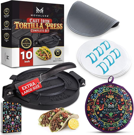 Movaluxe® Tortilla Press 10 Inch Cast Iron XL – Corn & Flour Roti Maker Machine Heavy Duty Tortillera Presser. With Parchment Paper, Warmer Pouch, Taco Holders, Rubber Mat & Digital Culinary Guide