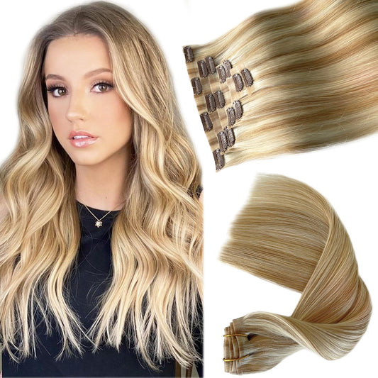 Real Human Hair Clip in Extensions, 20' Colored Seamless Wefts - 7PCS 100G PU Skin - Caramel Blonde to White Blonde