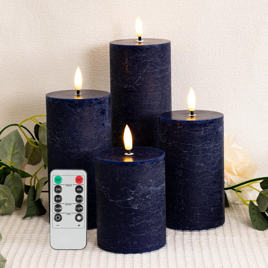AFINETH Blue Flameless Pillar Candles, Battery Operated Candles with Remote, Real Wax Flickering LED Candles for Home Party Wedding Holiday Decor, Set of 4, Φ 3" H 4"" 5"" 6"" 8"""
