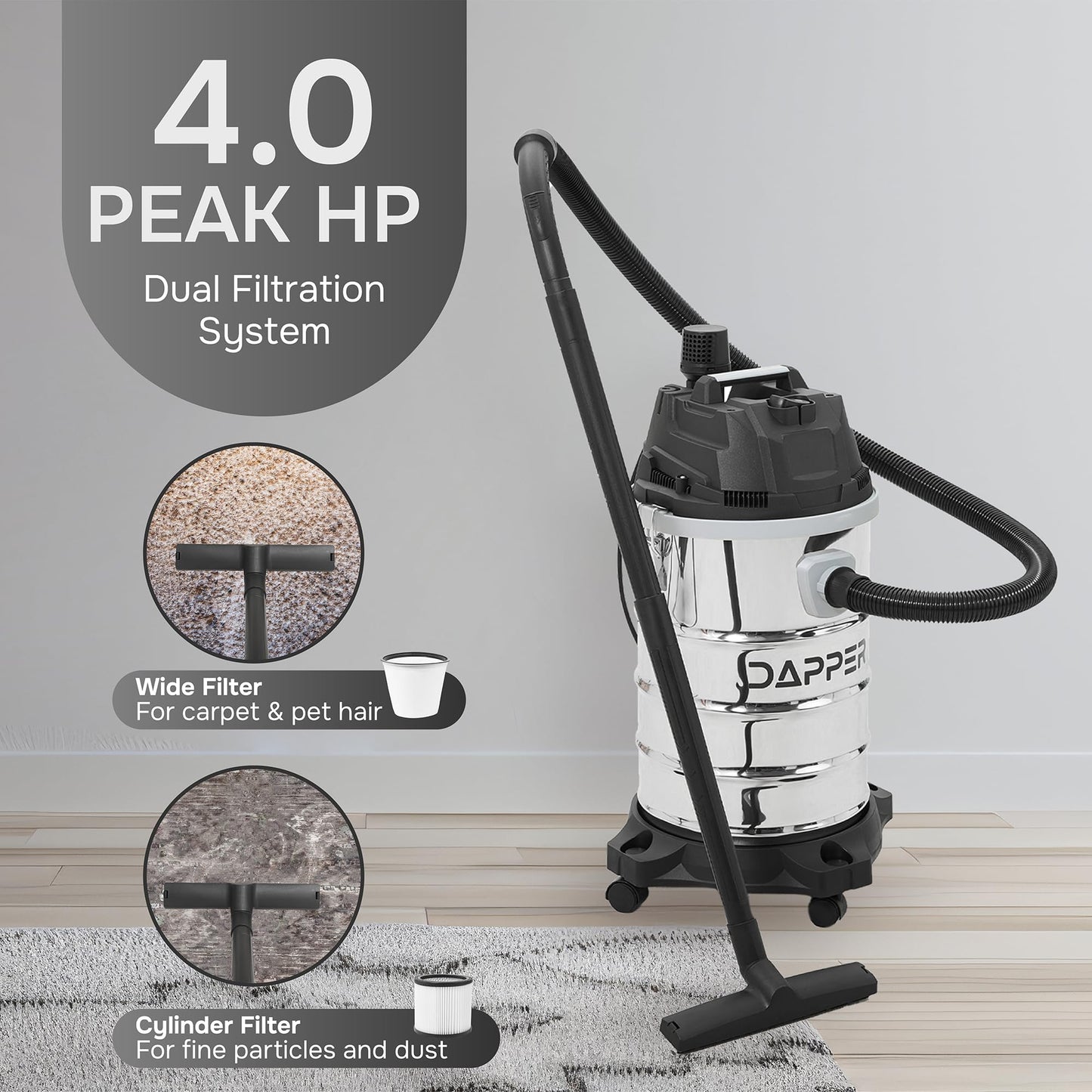 Dapper Supply 10 Gallon 4.0 Peak HP Wet/Dry Vacuum, Stainless Steel Tank, 3 in 1 Function Portable Shop Vacuum with Attachments, Ideal for Jobsite, Garage & Workshop.
