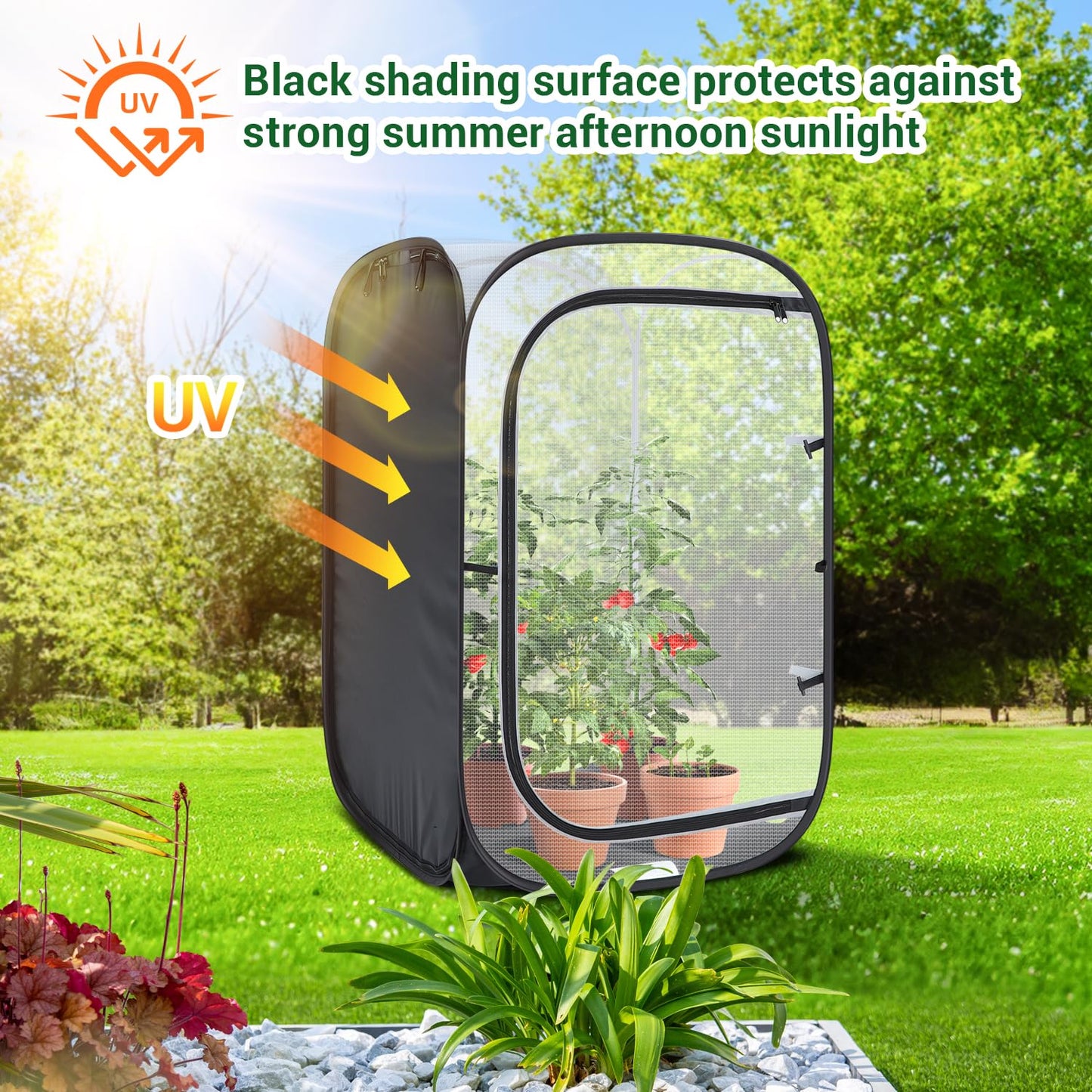Ohuhu 36'' Garden Mesh Plant Cover, 2 Pack Pop Up Plant Protector Strawberry Cover Garden Net Cage Wind Protection for Plants Outdoor with Storage Bag 24 x 24 x 36 Inches