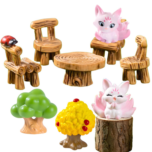 7 Pcs Miniature Fox Figurines with Realistic Tree Round Table and Chairs - Forest Theme Resin Fairy Garden Furniture Set for Dollhouse Accessories, Micro Landscapes, DIY Crafts & Home Decorations