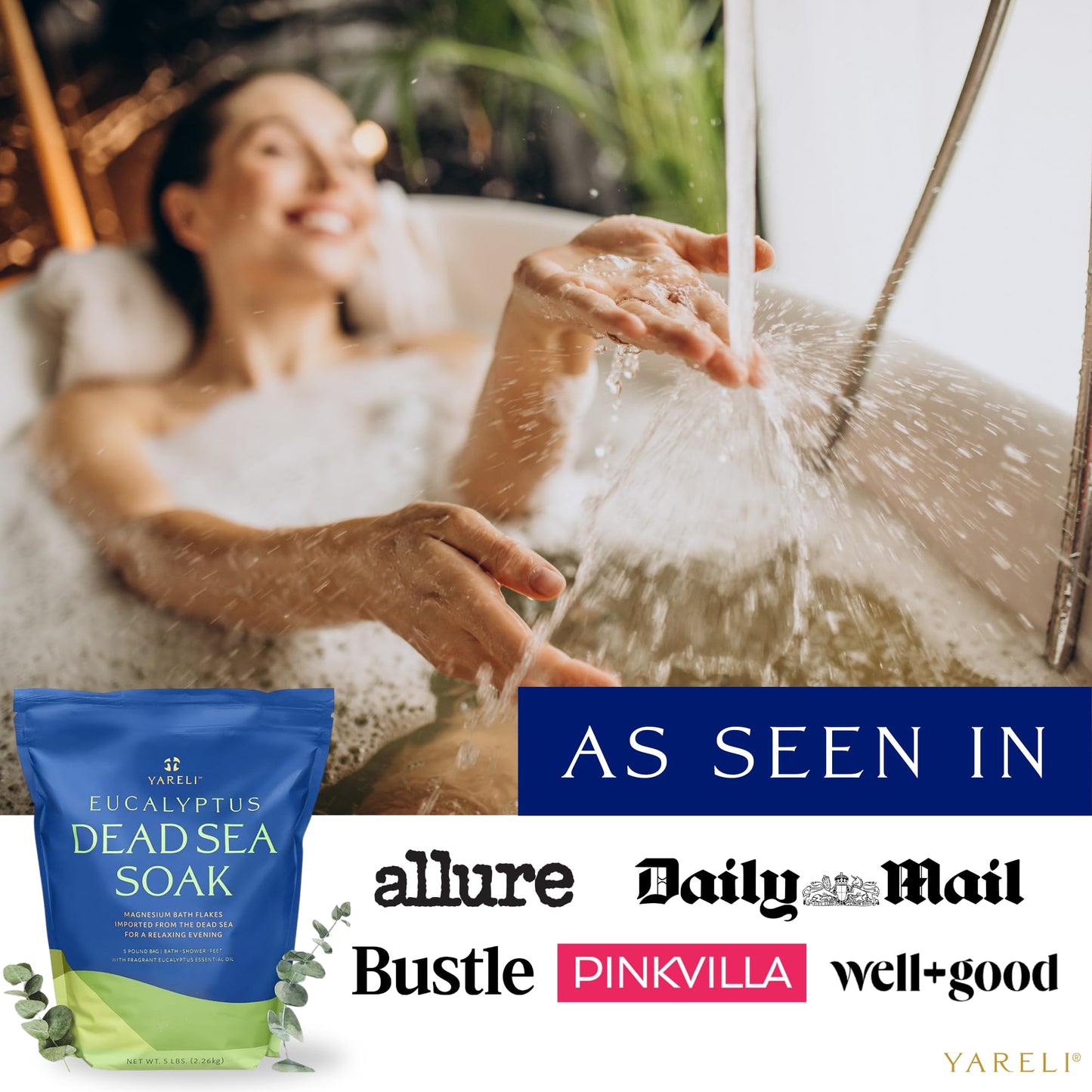 Yareli Magnesium Flakes, 5lb Eucalyptus, Dead Sea Bath and Foot Soak, Alternative to Epsom Salt with Over 250,000mg of Magnesium Chloride Per Bag