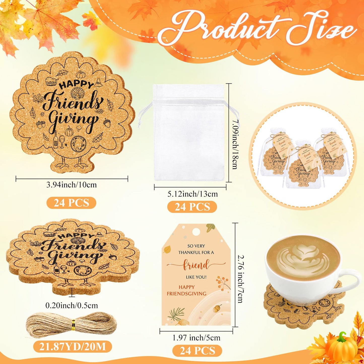 Hushee 24 Sets Friendsgiving Gifts Bulk Friendsgiving Cork Coasters Thanksgiving Cork Coaster Leaf Coaster with Thank You Cards and Organza Bag Thanksgiving Autumn Fall Party Favors (Maple Turkey)