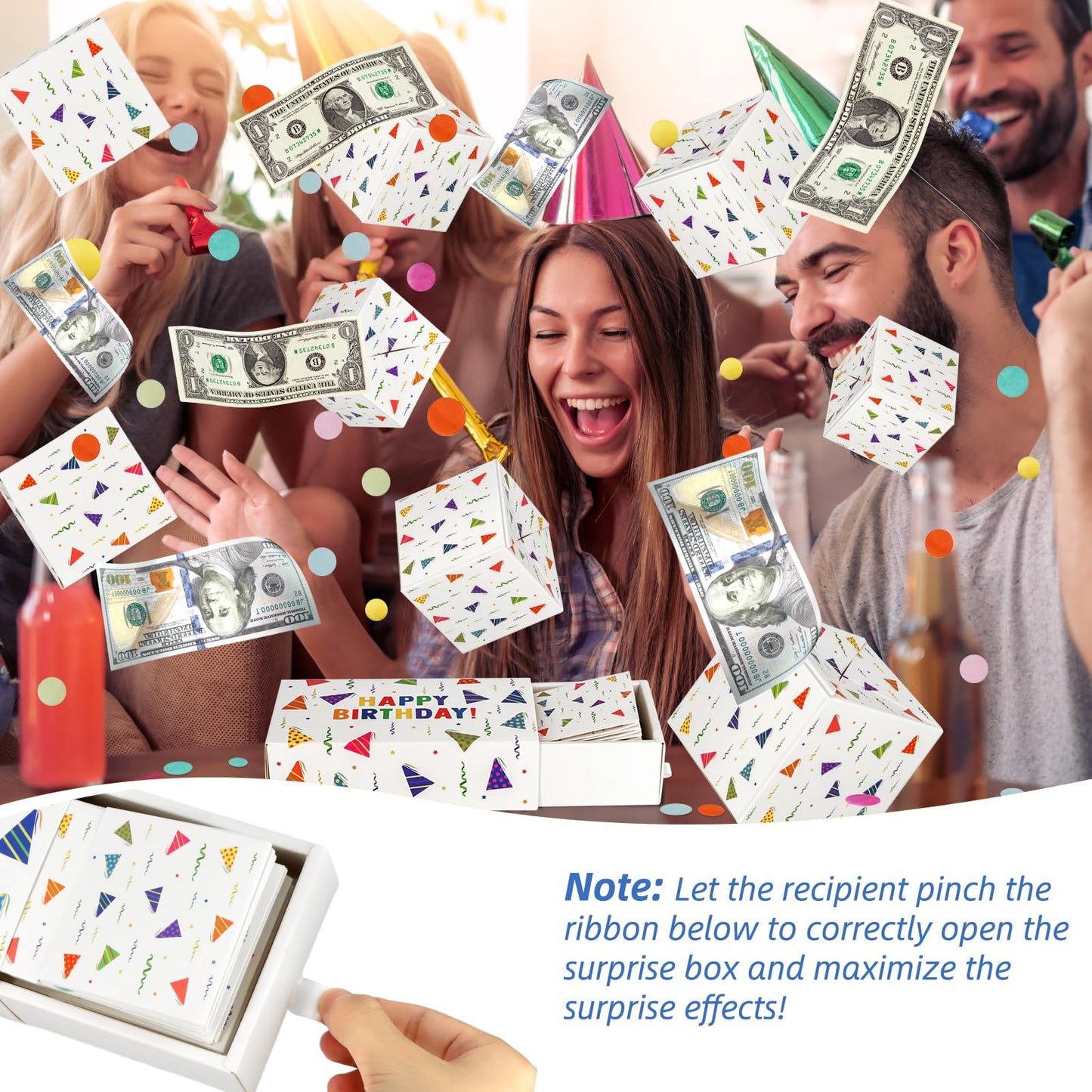 WenmthG Happy Birthday Surprise Gift Box Explosion for Money - DIY Pop Out Folding Bounce Explosion Gift Box with Confetti - Birthday Money Bank - Cash Gift Idea for Women Men Kids (White)