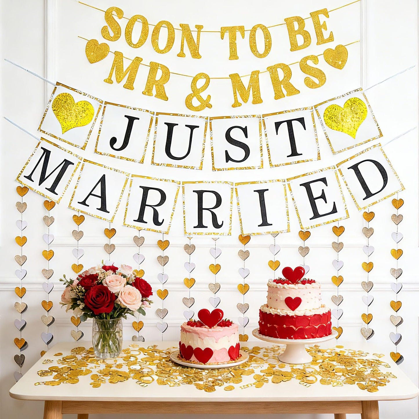 Wedding Banner Just Married Party Decorations Heart Streamers Garland Glitter Paper Diamond Ring Confetti for Bridal Shower Decor Home Party Engagement Party Bride'S Room Photp Prop Decorations