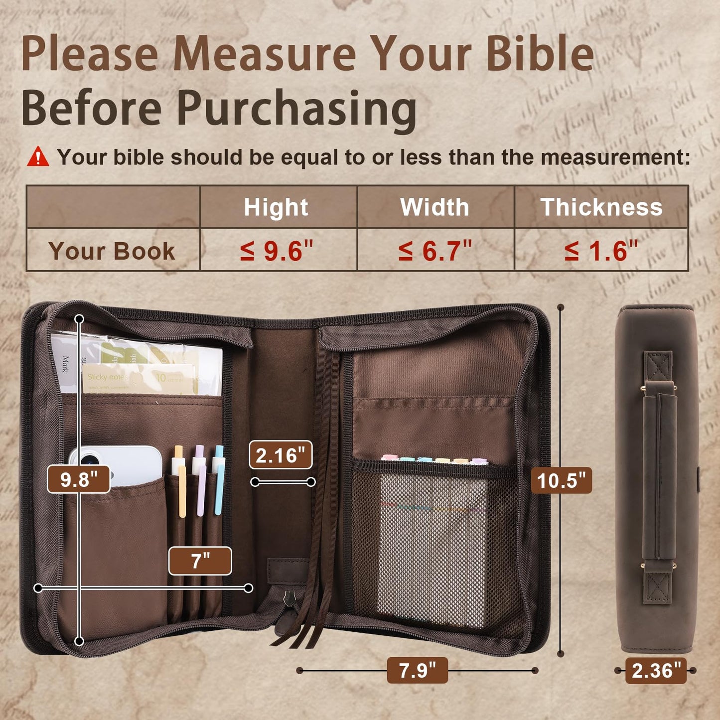 Classic Leather Bible Cover Case with Cross Design and Handle for Men Women, Durable Bible Study Supplies Organizer Carrying Bag, Perfect Christmas Gifts for Christians with Gift Box（Dark Brown