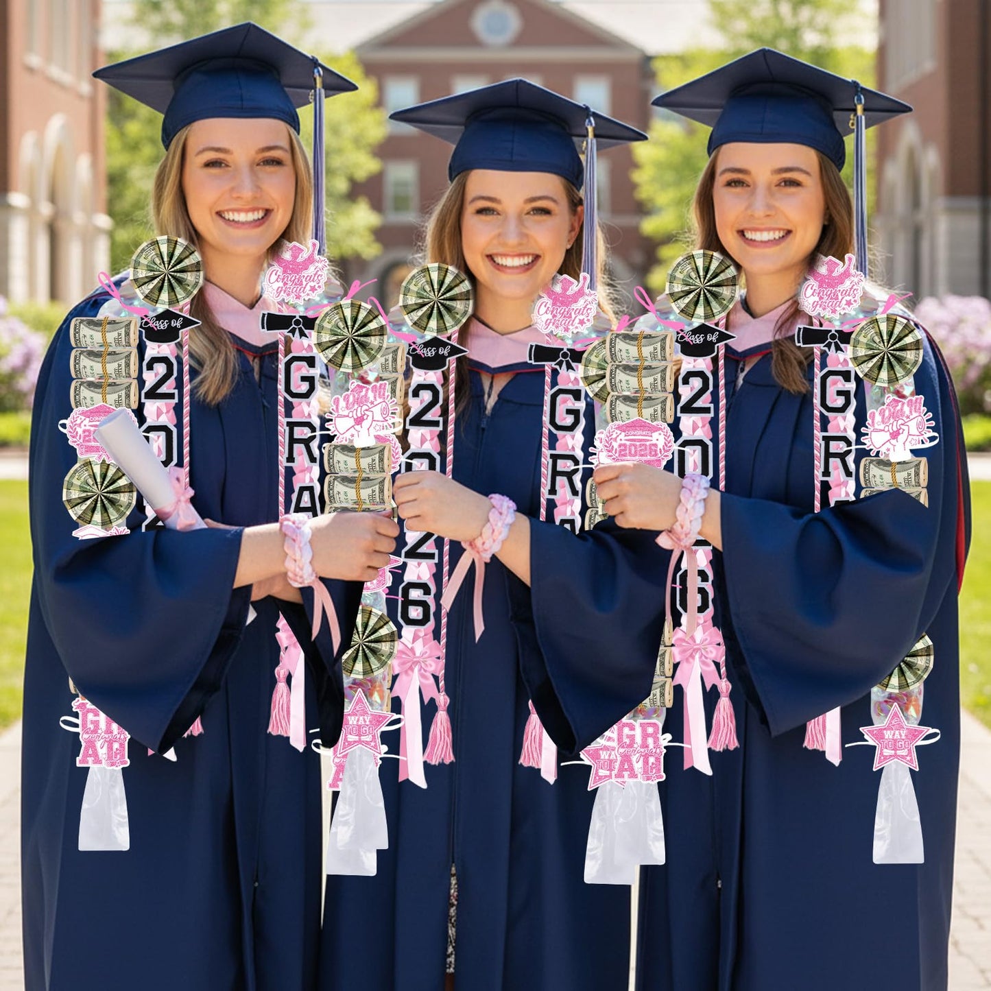 Hamdwerk Candy Leis for Graduation 2026, 36Pcs Graduation Leis Class of 2026, Graduate Ribbon Lei Making Kits with Honor Cord Patches Cards, Pink White Double Lei Necklace Decorations Graduation Gift