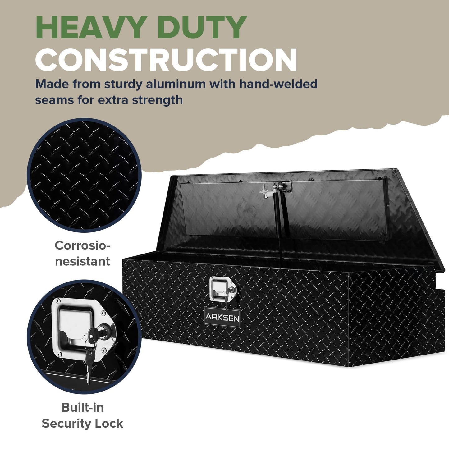 ARKSEN 49 Inch Aluminum Diamond Plate Trailer Tongue Box, Waterproof Under Truck Tool Box for Pick Up Truck Bed, RV Trailer, ATV with Lock and Keys - Black