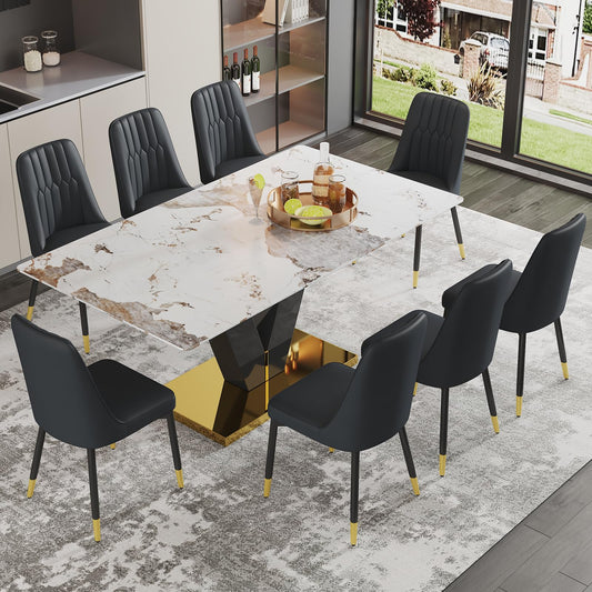 71'' Dining Table Set for 8,Marble Dining Table Set,Modern Kitchen Table with 8 PU Leather Chairs,Gold Dining Room Table Set with V-Shaped Black Glossy Pillars,Ideal for Kitchen Dining Room