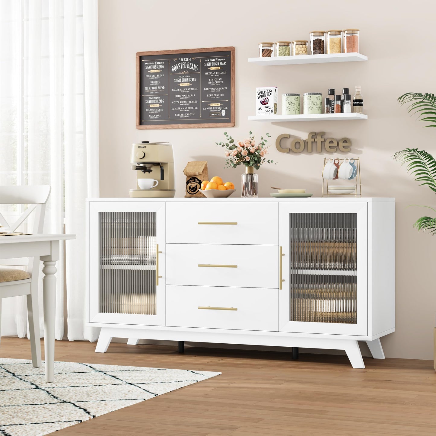 GAOMON Sideboard Buffet Cabinet with 2 Fluted Glass Doors, 56" Modern Coffee Bar Cabinet with 3 Large Drawers, White Long Storage Cabinet for Kitchen Dining Living Room, White Top