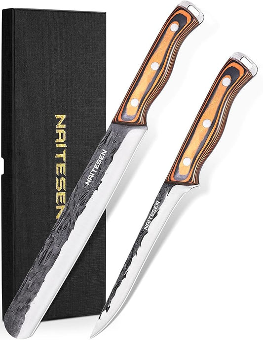 Naitesen Professional Brisket Carving Knife Set for Men, Grilling Knives, Hand Forged Super Sharp Butcher Slicing Knife Boning Knife for Meat Turkey Cutting Home Kitchen BBQ