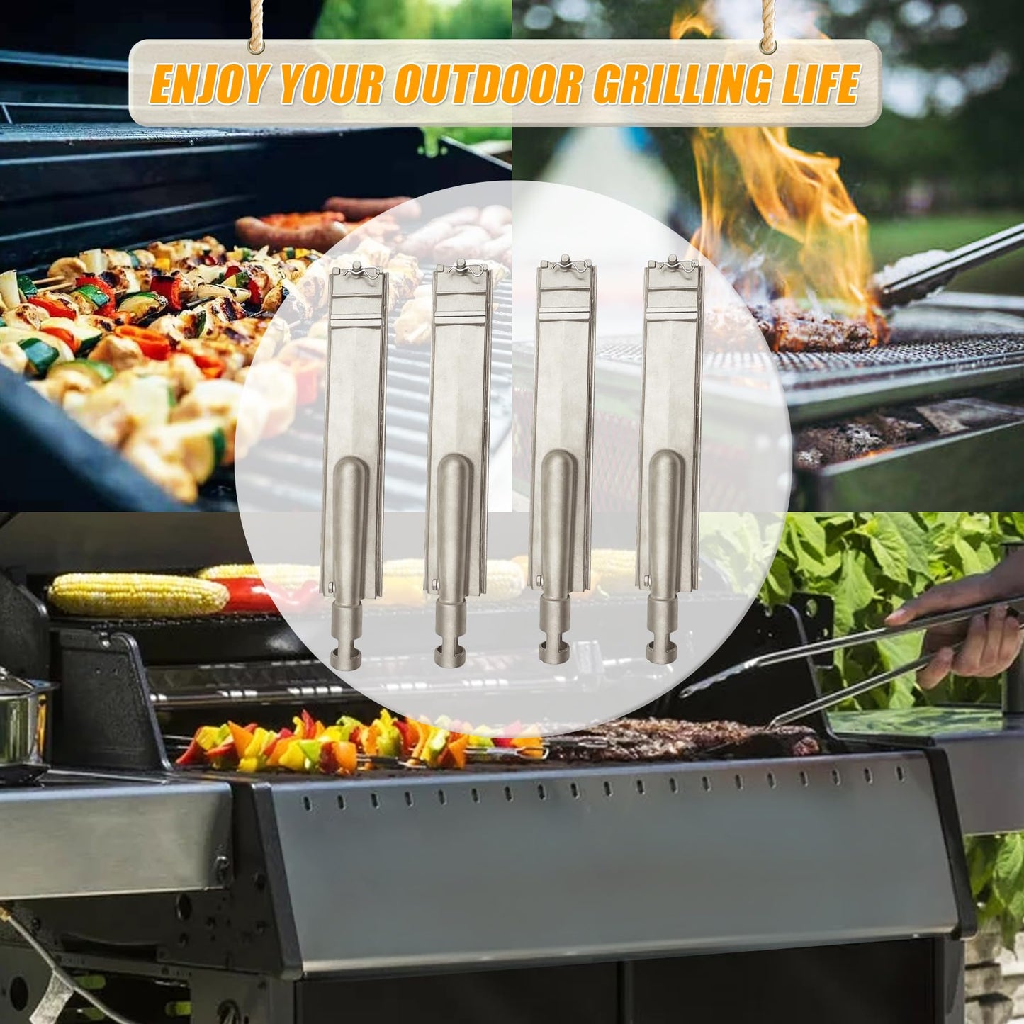 Fenluqi 4-Set 15 3/4 Heavy Duty Cast 304 Stainless Steel Grill Burners for Bull, Premium Outdoor Bull BBQ Gas Grill Replacements Parts for Cal Flame P-Series, Aussie, Thermos, Turbo, Beefeater