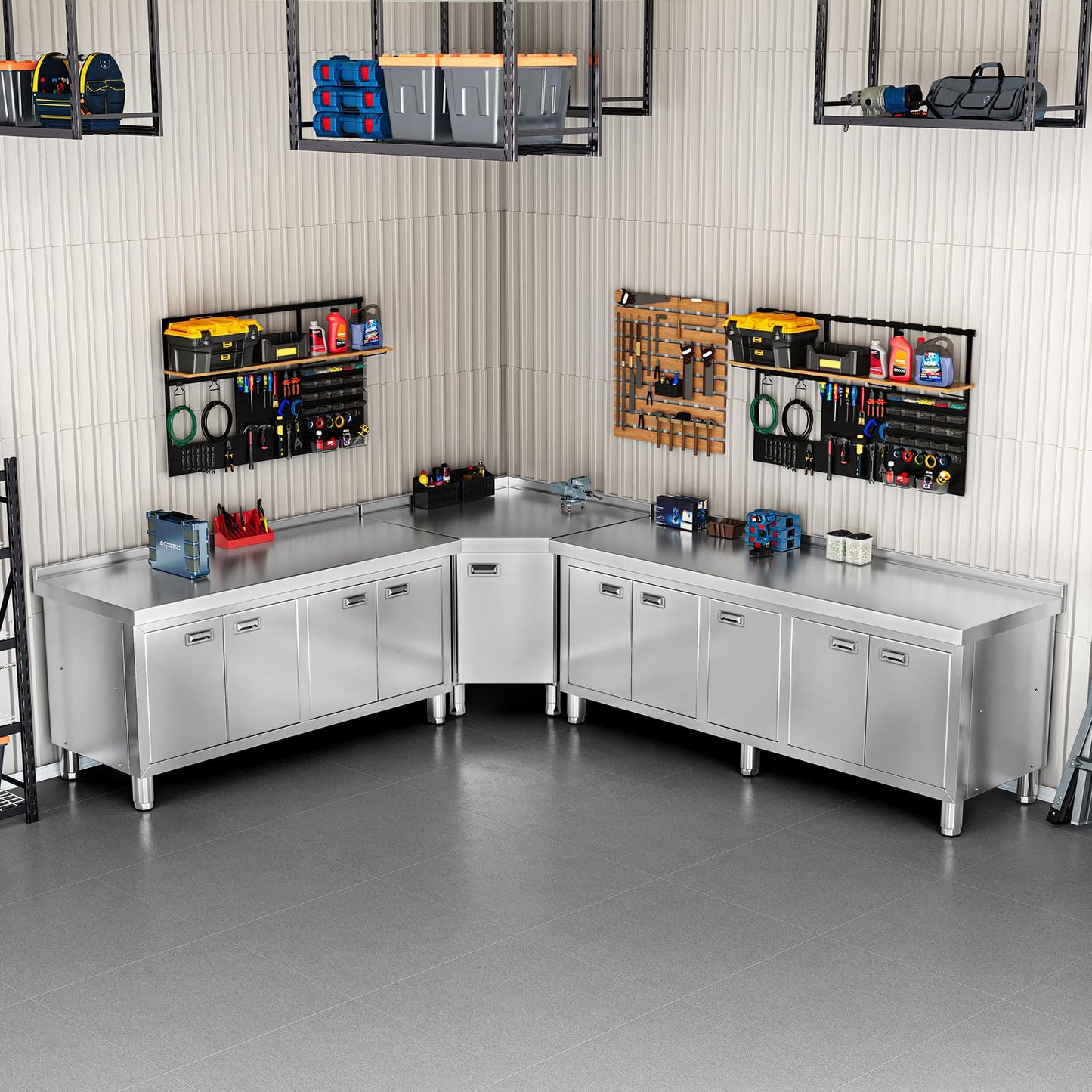 WWK 59" x 21" Stainless Steel Prep Table with Cabinet, Commercial Kitchen Table for Prep & Work, Heavy Duty Work Table with 4 Doors for Kitchen, Restaurant, Hotel, Garage and Cafe