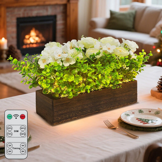 14" Artificial Peony Hydrangea Flowers Arrangement in Rectangular Wooden Planter Box, Rechargeable LED Faux Plants with Remote, Table Centerpieces for Dining Room Coffee Living Room Easter Home Decor