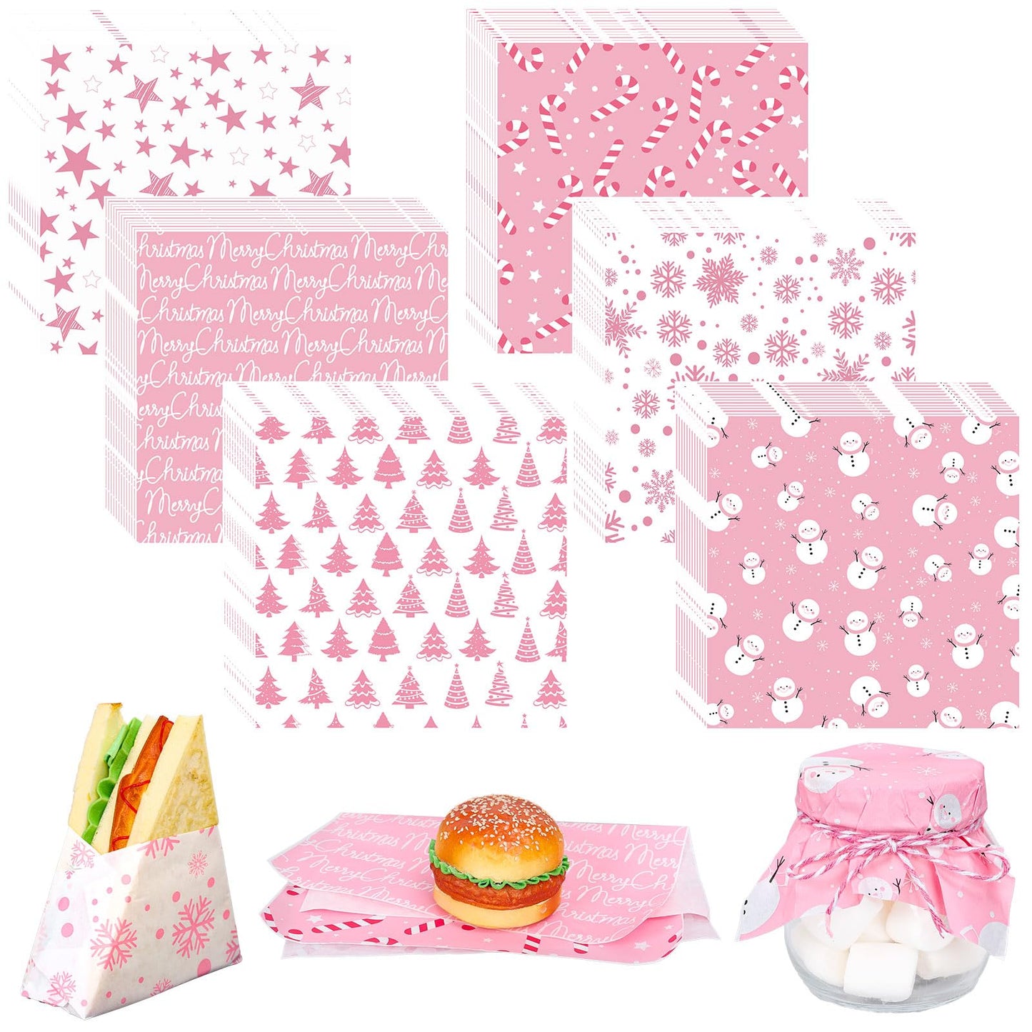 JarThenaAMCS 240 Sheet Christmas Wax Paper 6 Styles Pink Xmas Tree Snowflake Snowman Food Tissue Wrapping Paper Winter Decorative Deli Paper Basket Liners for Home Kitchen Restaurant Baking,12 Inch