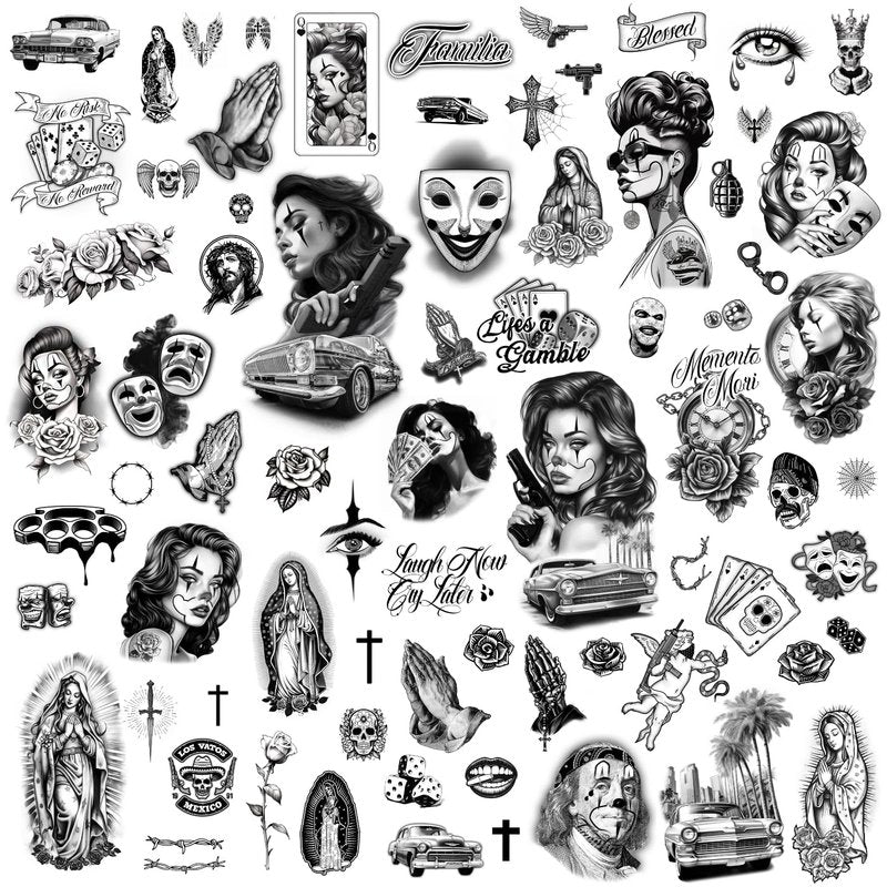 Los Vatos Chicano Bundle - Cholo and Chola Temporary Tattoos For Men Women, Payasa, Lowrider, Virgin Mary, Prayer, Cross, Chicana, Gangster, Fake Tattoo, Día de Muertos, Tatuajes Temporales