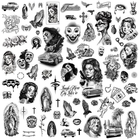 Los Vatos Chicano Bundle - Cholo and Chola Temporary Tattoos For Men Women, Payasa, Lowrider, Virgin Mary, Prayer, Cross, Chicana, Gangster, Fake Tattoo, Día de Muertos, Tatuajes Temporales