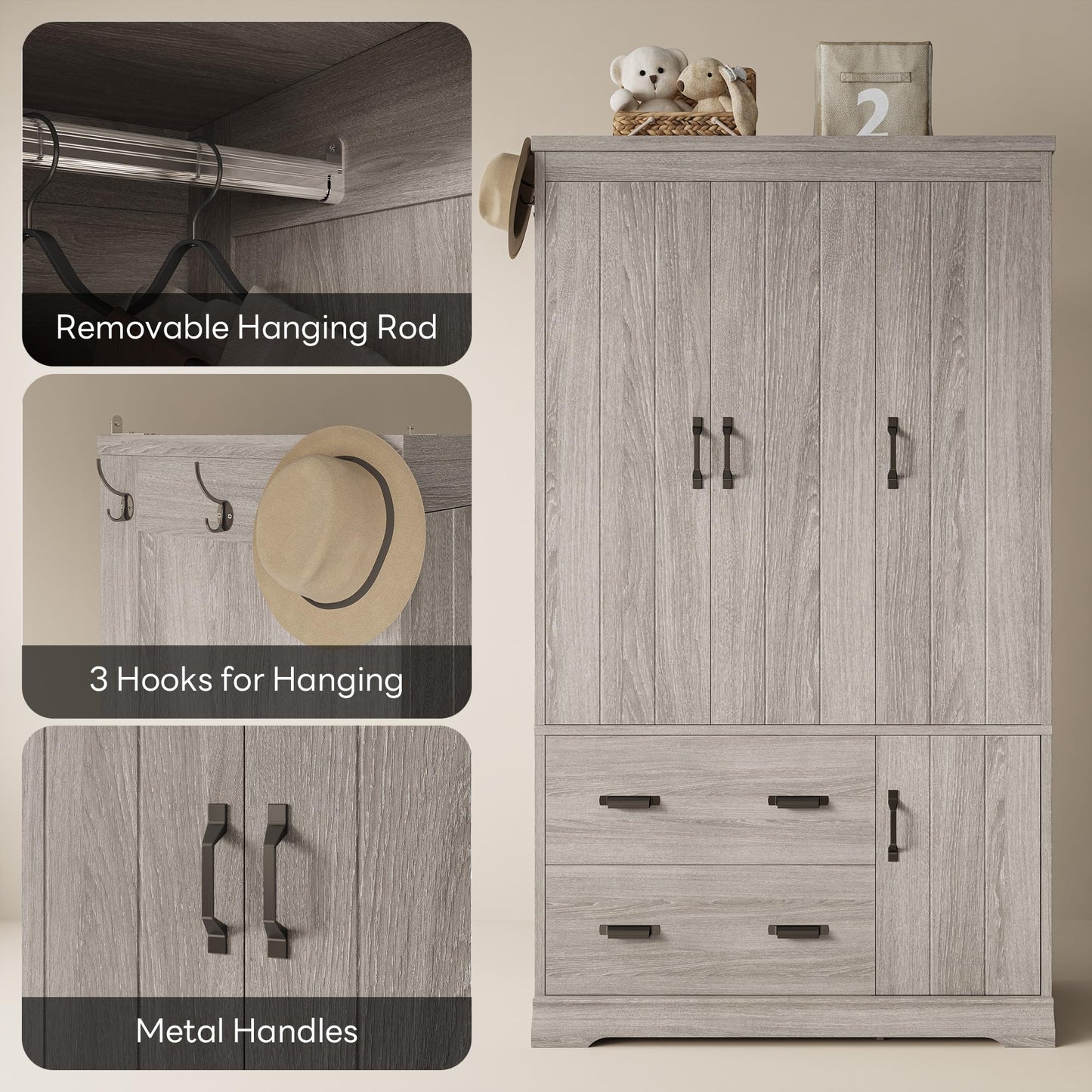 LIKIMIO Wardrobe Closet, 70" Tall 4 Doors Large Wooden Closet with 2 Drawers, 3 Shelves Bedroom Armoire with Hanging Rod, Freestanding Storage Cabinet for Hanging Clothes, Grey