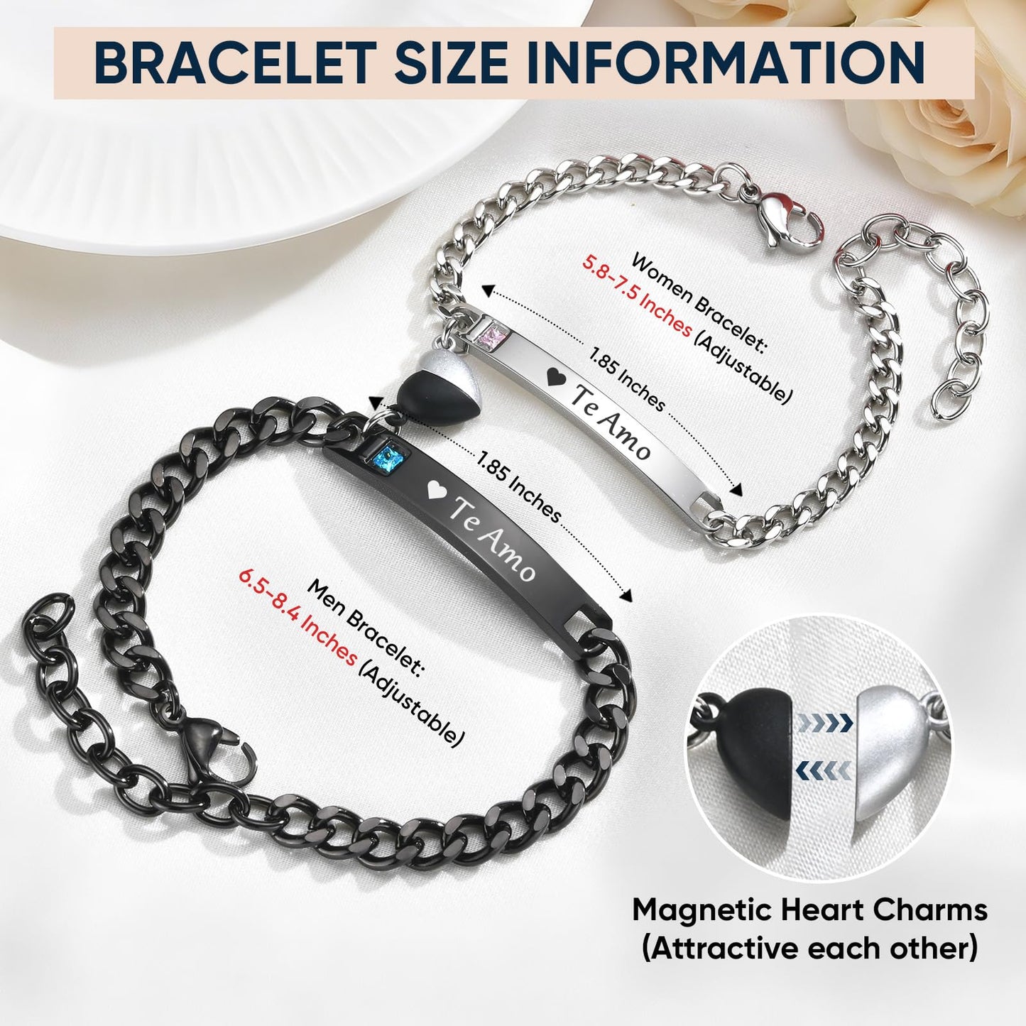 Matching Couple Bracelets for Men Women : Te Amo Engraved His Hers Stainless Steel Cuban Link Chain Bracelets Set for Boyfriend Girlfriend Husband Wife, Romantic Gifts for Valentines Birthday