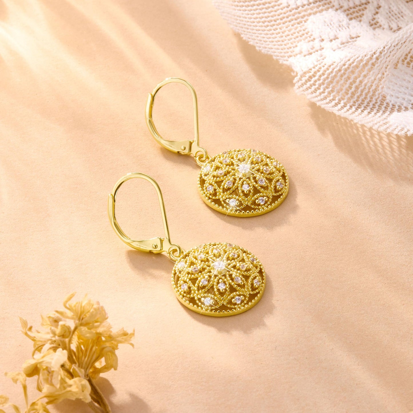 LANCHARMED Gold Earrings for Women - Diamond Cubic Zirconia Circle Drop Dangle Earrings 14K Gold Dangle Earring Hypoallergenic Leverback Circle Filigree Diamond Earings for Women Jewelry Gifts