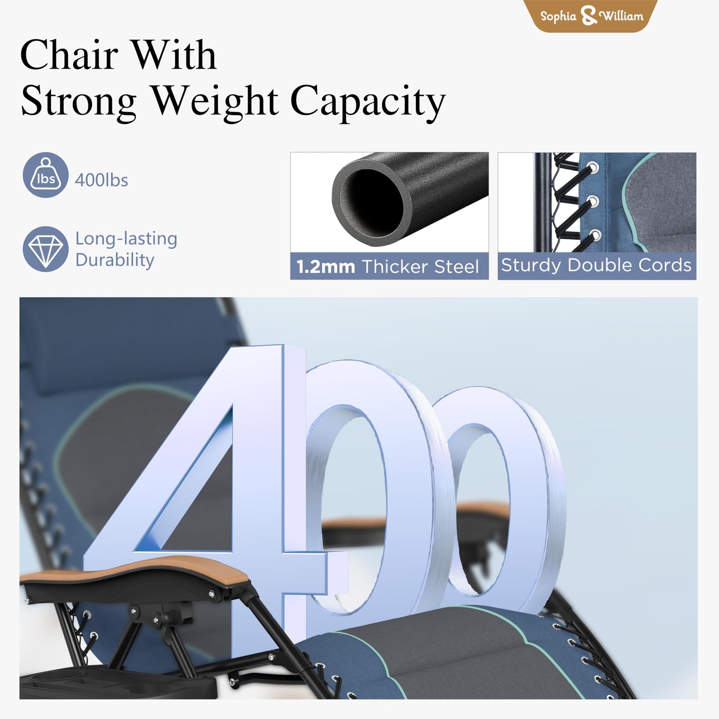 Sophia & William Oversized XXL Zero Gravity Chair Set of 2, Outdoor Recliner Zero Gravity Lounge Chair Outdoor Gravity Chair with Free Cup Holder, Supports 400 LBS (Blue)
