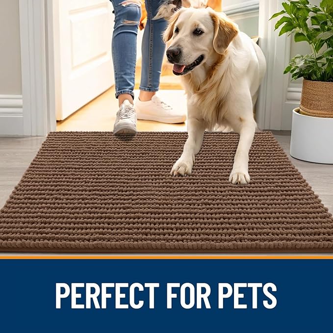 OLANLY Dog Door Mat for Muddy Paws 59x24, Ultra Absorbent Chenille Mud Doormat, Non-Slip Washable and Dirt Trapping Doormat for Indoor Entryway, Quick-Dry Indoor Pet Bed Mats for Dogs, Mocha