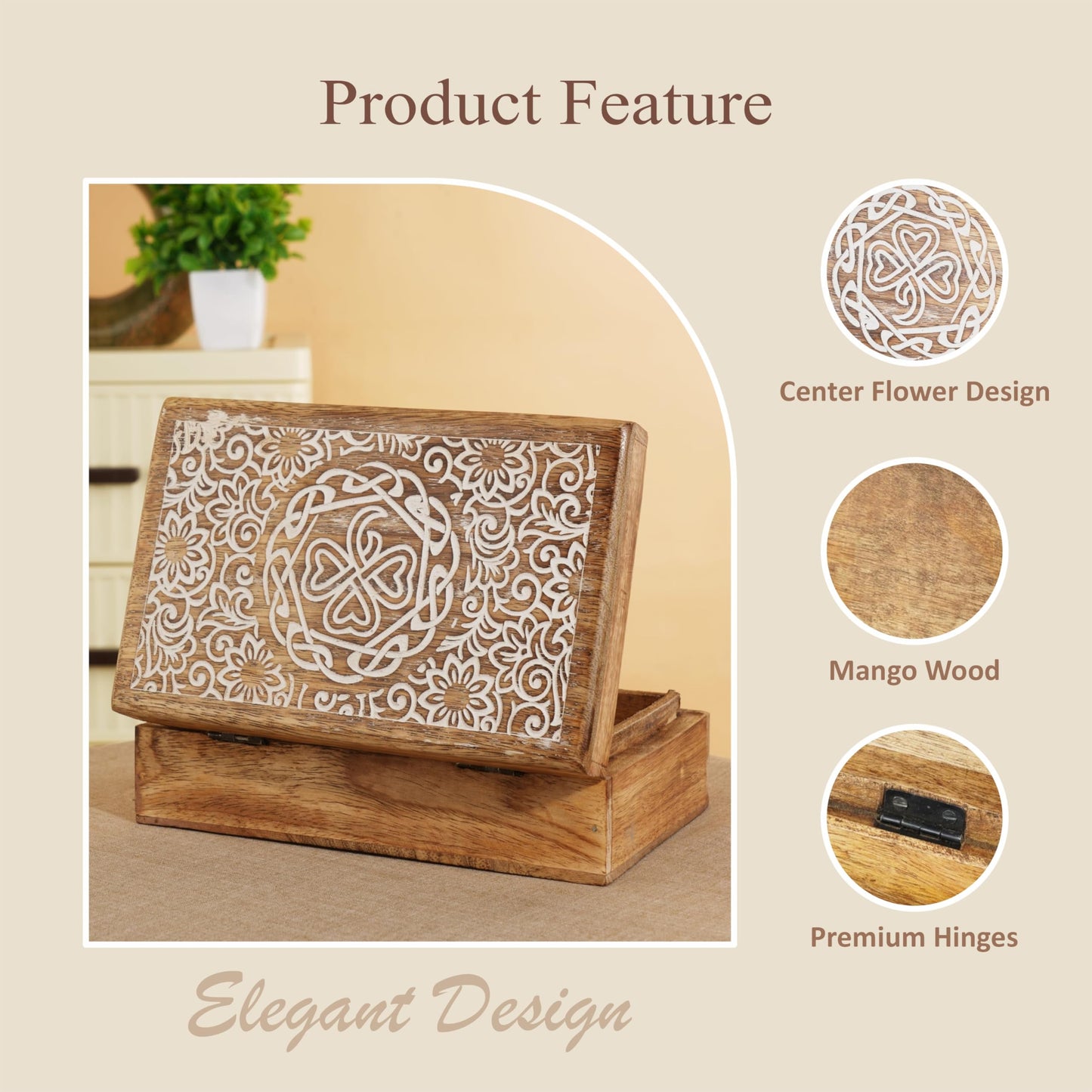 Ajuny Mango Wood Jewelry Box – Hand-Carved Celtic Knot Keepsake/Memory Box, Decorative Trinket & Treasure Chest Organizer, Handmade Gift for Women & Men, Travel Friendly, 8x5 Inch