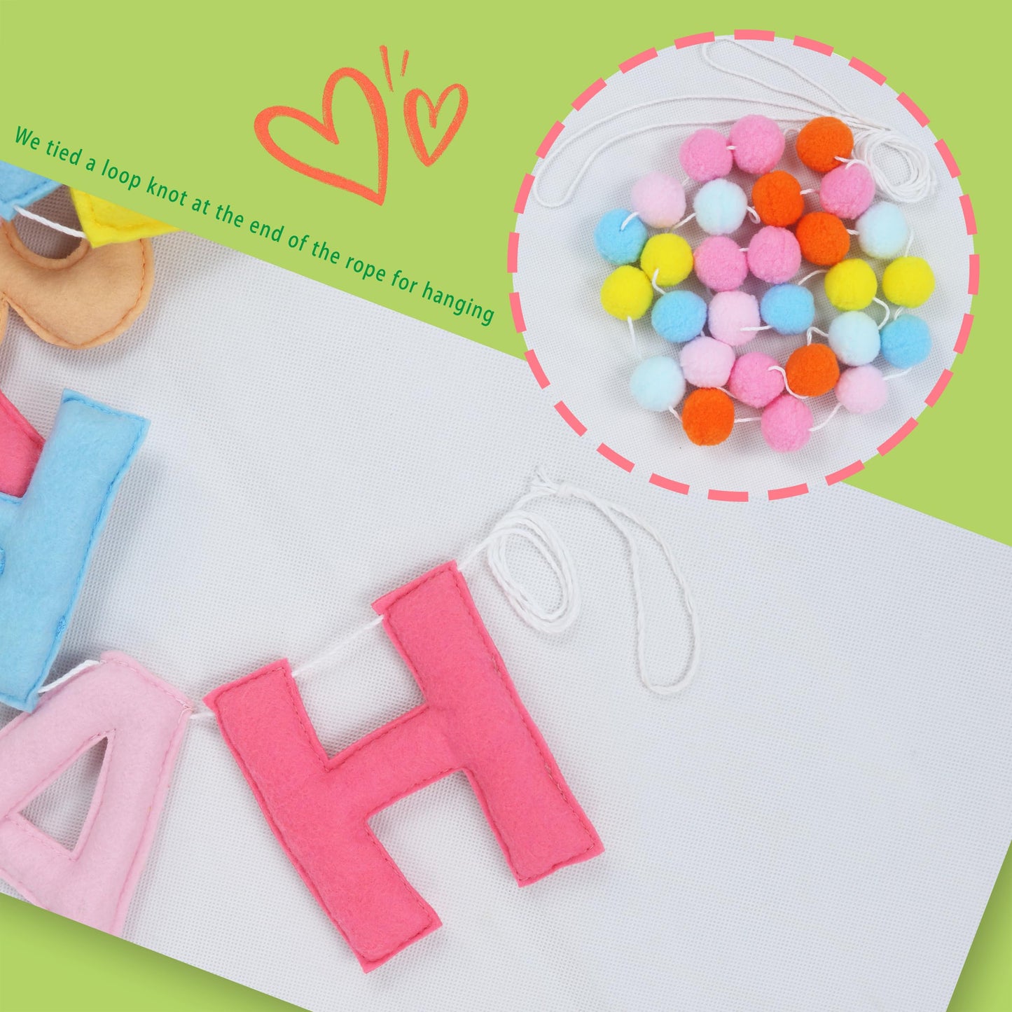 2 PCS Pre-Strung 3D Felt Happy Birthday Banner - Reusable Rainbow Happy Birthday Decorations Sign, Felt Ball Garland, Pom Pom Garland, Party Decor, Photo Prop (MACARON)