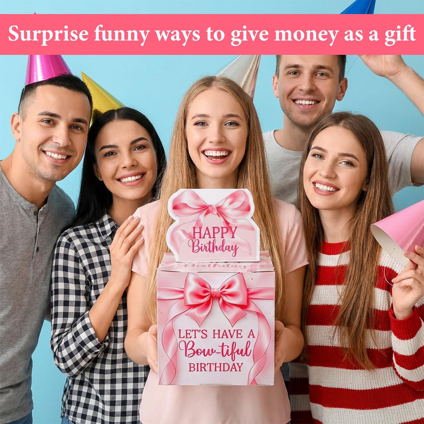 Ajcotahm Birthday Money Pull Box, Pink Bow Birthday Money Gift Box for Cash Birthday Surprise Boxes with 50 Transparent Bags Birthday Party Decorations for Women Girls