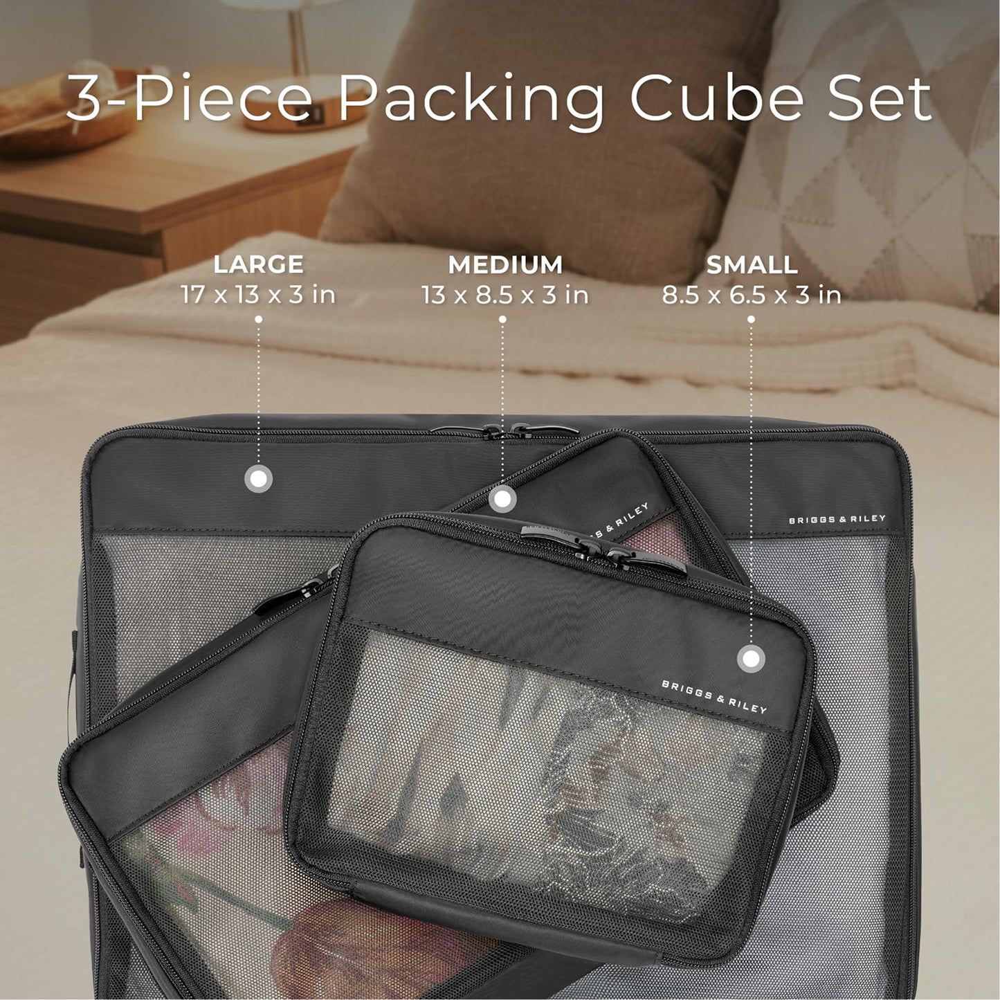 Briggs & Riley Compression Packing Cube Sets for Carry On & Checked Luggage - Bag Organizers for Suitcases, Travel Essentials for Women & Men, Pack Accessories for Vacation - 6-Piece, Black
