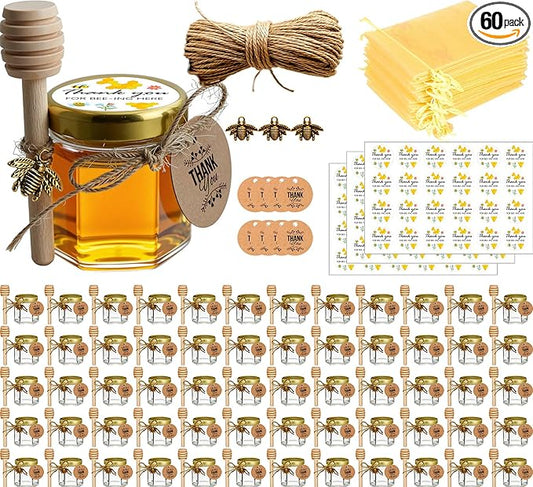 Adabocute 60 Pack Mini Honey Jars with Dipper - Honey Pot with Gold Lid, Bee Pendants, Jutes, Gift Bags and Stickers - For Baby Shower Wedding Favors