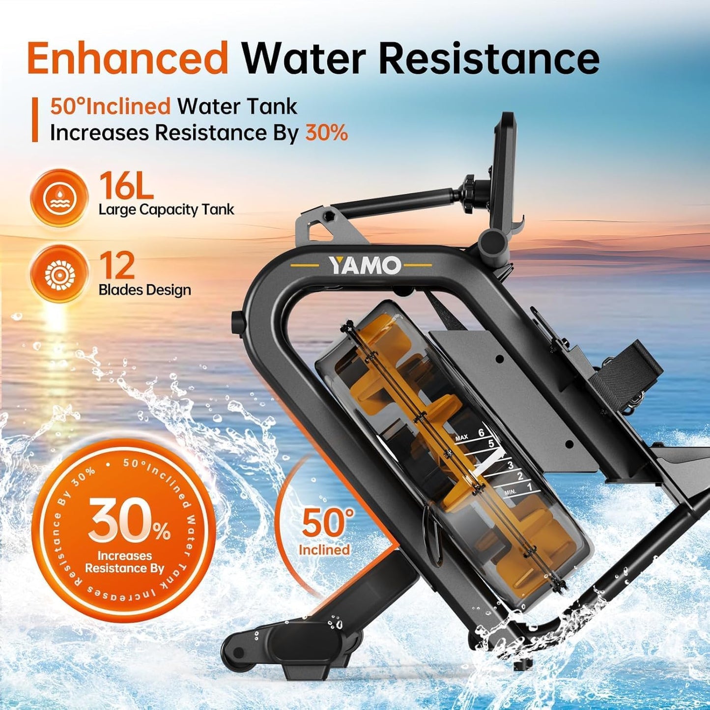YAMO Rowing Machines for Home, Water Rowing Machine for Immersive Water Rower, Indoor Rowing Machine Large Water Tank & Comfortable Seat, 350lbs Weight Capacity, App Compatible,LCD Monitor